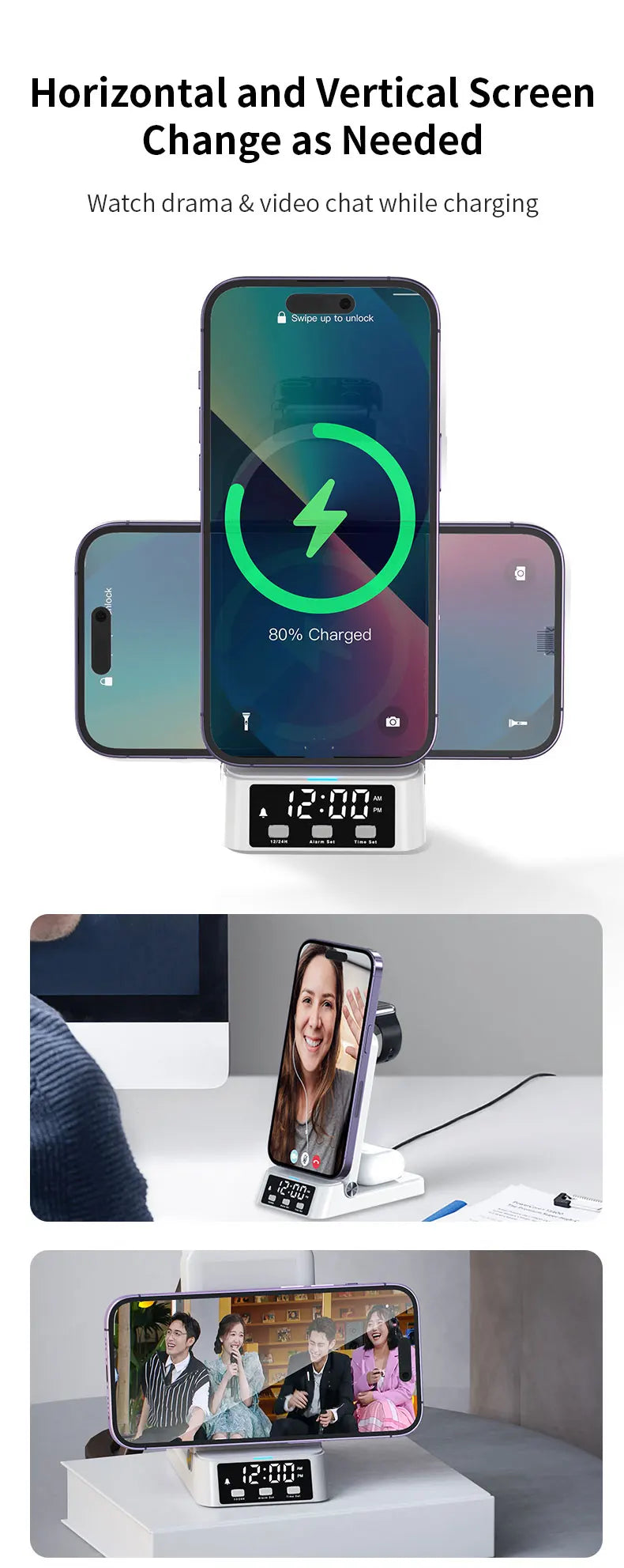 RACHA  4 in 1 Wireless Charger with Alarm Clock Foldable Portable 3 in One Phone Stand for iPhone 15 Pro Max Samsung Galaxy S24