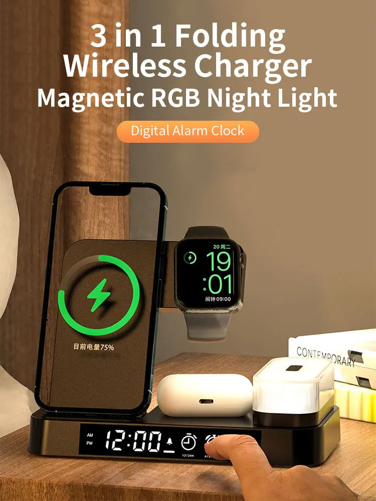 RACHA  6 in 1 Wireless Charger Station with Alarm Clock Magnetic Night Light Foldable 3 in 1 Fast Charging for iPhone 15 Plus