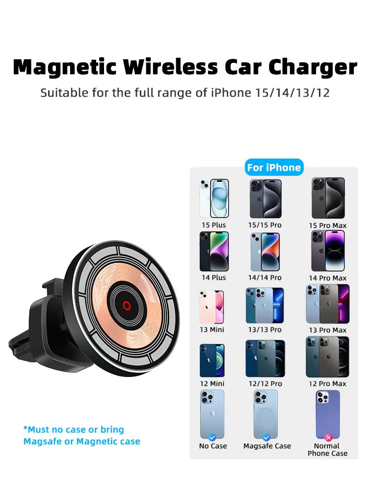 RACHA  Magsafe Car Holder Charger Aluminum 15W Fast Magnetic Phone Charging Cradle for iPhone 15 Pro Max Accessories 14 13 12
