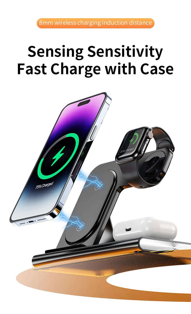 RACHA 4 in 1 Wireless Charger with Night Light 3 in 1 Apple Watch Stand Bedside Lamp 15W Fast for iPhone 15 Pro Max Oneplus 12