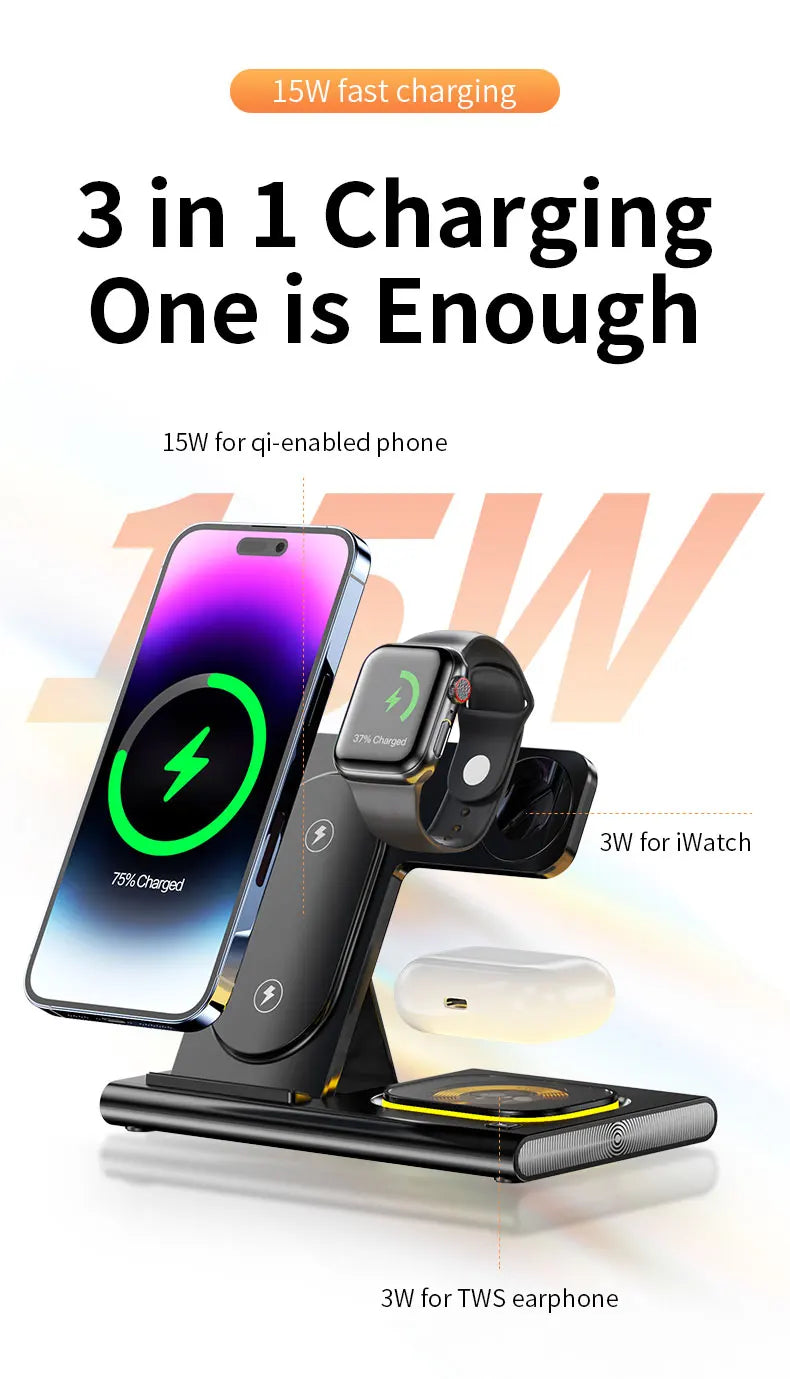 RACHA 4 in 1 Wireless Charger with Night Light 3 in 1 Apple Watch Stand Bedside Lamp 15W Fast for iPhone 15 Pro Max Oneplus 12