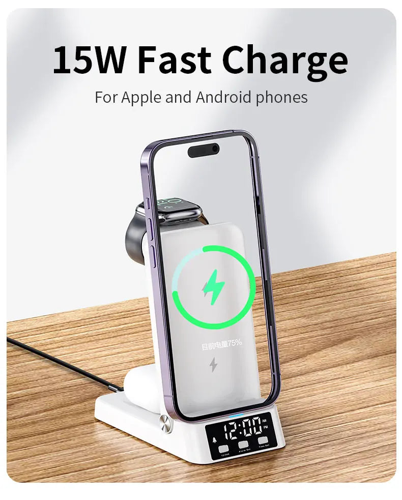 RACHA  4 in 1 Wireless Charger with Alarm Clock Foldable Portable 3 in One Phone Stand for iPhone 15 Pro Max Samsung Galaxy S24